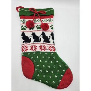 Knitted Cat Christmas Stocking Knit Black Kitty Cat Holiday Stocking 17.5"